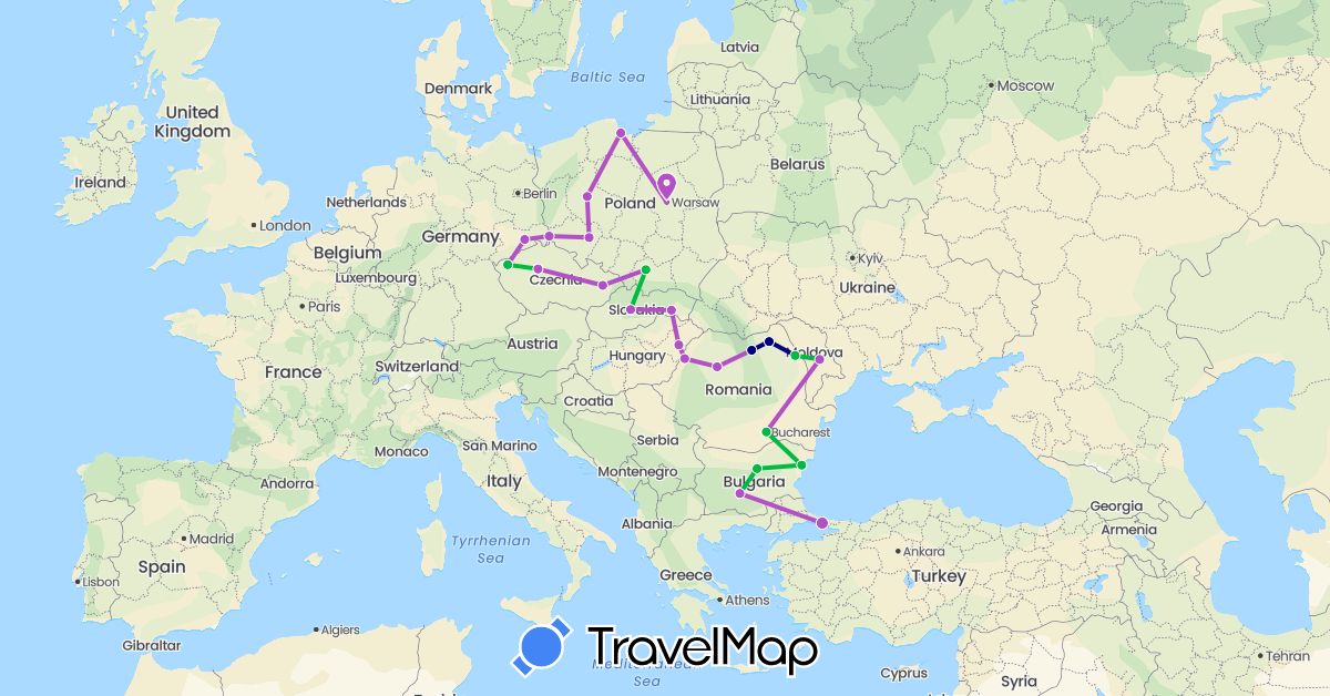 TravelMap itinerary: driving, bus, train in Bulgaria, Czech Republic, Germany, Hungary, Moldova, Poland, Romania, Slovakia, Turkey (Asia, Europe)